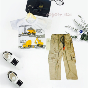 Setelan Anak Cowok Gambar Excavator dan Celana Chinos katun panjang Cargo usia anak 3 bulan -5 tahun