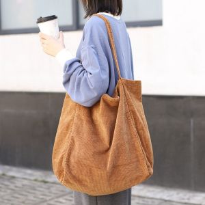 REEBO Large Capacity Corduroy Shoulder Bag Retro Artistic Cloth Tote Bag Trendy Simple Canvas Handbag Girls