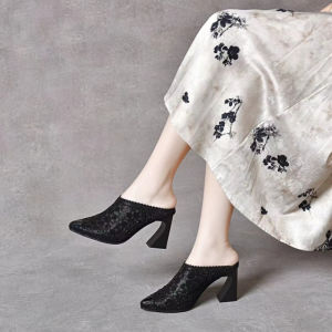 [Free Shipping] 2026 Summer New Fashionable Elegant Pointed Toe High Heel Hollow Out Fashion Half-Slipper Womens Thin Heel Outdoor Slippers Womens Shoes