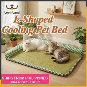 Lovinland Pet Summer Cooling Pet Bed Green Checkered Design Breathable Rattan Mat for Cats & Small Dogs L-Shaped Cooling Pet Bed Checkered Neck Protection Detachable Washable