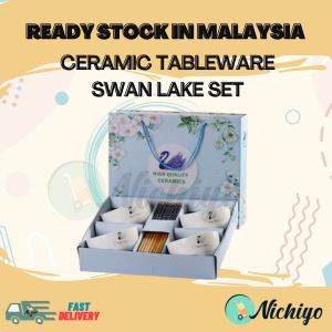 🔥FAST SHIPPING🔥 Ceramic Dinnerware Gift Set Swan Lake Bowl And Wooden Chopsticks