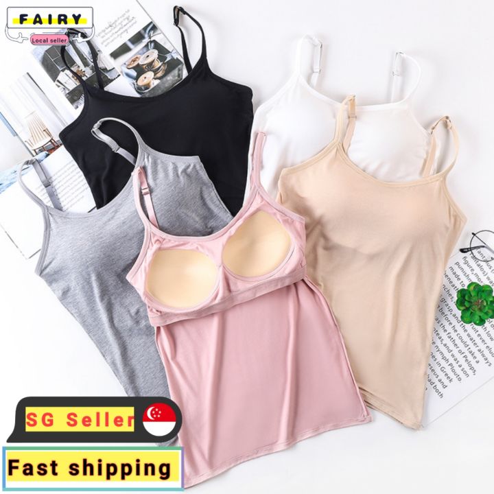 SG Seller)Women Summer Modal Spaghetti Solid Built In Bra Tank Top Wire  Free Push Up Padded Top Cotton Crop Tops Comfort Adjusted Strap Slim Vest  Camisole