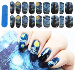 BlueZOO 3D Van Goghs Starry Night Fullnail Stickers 28 Nail Wraps &1 File    Full Nail Starry Sky Art Gel Sticker Decals Shimmery Glittery Long Lasting Salon-Quality Easy Apply & Remove