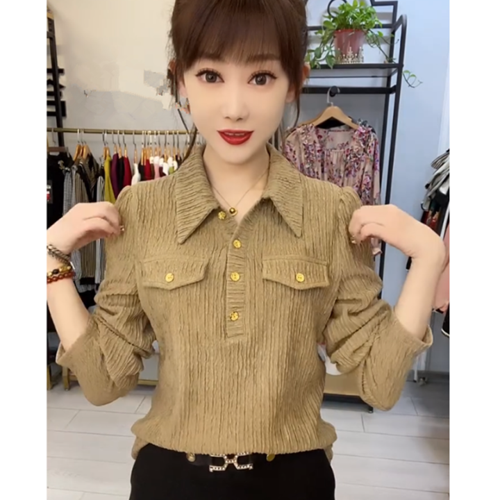เสื้อยืดเสื้อแขนสั้นมีปกโปโลหลวมสีทึบเกาหลีการพิมพ์ผ้าฝ้ายบริสุทธิ์ ...