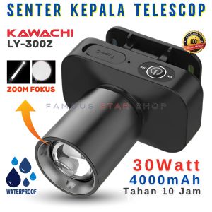 Senter Kepala KAWACHI Lensa Zoom Terbaru LY-300Z Tahan 10 Jam Daya 30 Watt Baterai 4000mAh Tahan Air Dan Benturan Warna Hitam Ready Cahaya Putih Cas USB Tipe-C Headlamp | Headligt LED Rechargeable | FAMOUS STAR SHOP