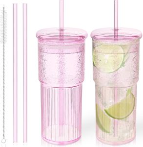 Luiaiog Glass Cups with Lids and Glass StrawsMason Jar Cups High Borosilicate 20OZ Tumblers (2Pcs) for Coffee Tea Juice Smoothies Hot/Cold Drinks at Home Office