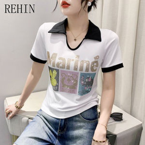 REHIN เสื้อโปโลผู้หญิงสะพายไหล่อเนกประสงค์และอินเทรนด์เสื้อทรงหลวมเข้ารูปแขนสั้นผ้าฝ้าย