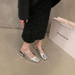 French Low Heel Silver Mary Jane Sandals Fairy Shoes Summer Square Toe Block Heel Evening Singles