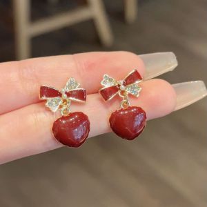 Korean Bow Heart Earrings – Red Cubic Zirconia Drops | Trendy Valentine Gift for Women