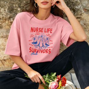 [Local Stock] HBESTY  Nurse Life Survivor Club Silly Goose Medical Words Women Cotton T Shirt Medical Staff Funny Cartoon Street Casual Daily Tee