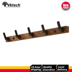 【Vktech】 Walnut Finish Wall Hooks Punch-Free Wooden Hooks for Hanging Towels Clothes Bags and Accessories