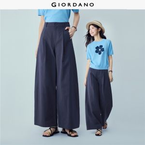 Giordano Women Pleated half elastic waist wide leg pants Free Shipping 18416004