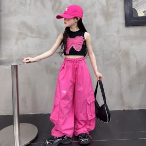 7-15Yrs Cargo Pants for Kids Girls Baggy Pants for Kids Girls Wide Leg Pants Bow Design Loose and Comfortable Retro Style 130-160CM