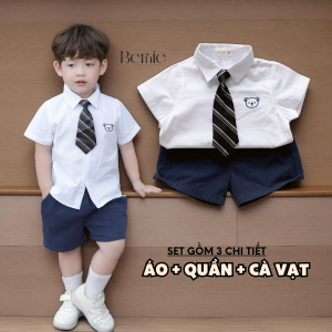 BE285 Set bộ 3 chi tiết BERNIE áo sơ mi cộc tay quần đùi cà vạt phong cách Hàn Quốc cho bé trai từ 9-22kg diện đi chơi đi học tiệc tùng sự kiện