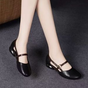 [Free Shipping] Baotou Sandals New Summer Soft Leather Mom Shoes Round Toe Mid-Heel Soft Sole Non-Slip Hollow Breathable Retro Womens Sandals