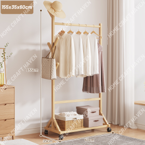 Clothes Rack Bamboo 50/60/80/100CM Movable Bmaboo Clothes Rack With Wheel Wood Clothes Rack