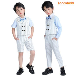 lontakids 4 Chiếc/5 Chiếc Áo Gi-lê Trẻ Em Sọc Trắng Đồ Vest Trang Trọng Cho Bé Trai/Áo Hai Dây Kiểu Bộ Quần Áo Ngắn/Áo Thun Tay Dài Quần Áo Cưới Quý Ông Tiệc Sinh Nhật Cho Trẻ Em 2-14 Tuổi