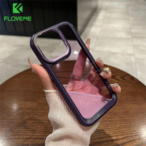FLOVEME Luxury Carbon Fiber Pattern Transparent Phone Case For iPhone 15 14 13 12 11 Pro Max 15 Plus Plating Lens Frame Clear Hard Acrylic Non-slip Bumper Shockproof Back Cover For iphone 15 14 13 12 11