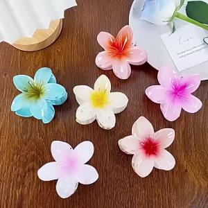 3Pcs/Set Womens Gradient Shark Hair Claw Clips Plumeria Flower Ponytail Barrettes Hawaiian Style Hairpins for Girls