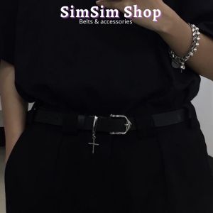 Dây Nịt Da màu đen Nam Nữ phong cách Hip hop trẻ trung đi chơi cá tính TLN002- Thắt Lưng da đen chữ thập nam nữ bản nhỏ 2.3cm