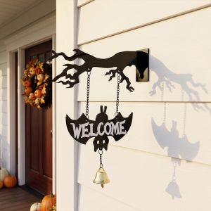 OOC Wall Mounted Halloween Ghost Swinging Doorbell Sounding Acrylic Bat Doorstep Bells Creative No-drill Halloween Branches Hanging Sign Front Door
