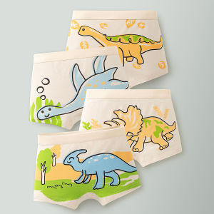 4 Pcs Cartoon Bulldozer Summer Boys Boxer Shorts Pure Cotton Underwear Teenagers Class A Cotton Four-Point Shorts 夏季 男童 平角 纯棉内裤 青少年 A类全棉 四角裤短裤 FUNIANQI
