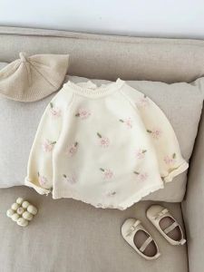Baby spring and autumn sweater for girls stylish embroidered floral romper Korean-style sweet baby bodysuit sweater jumpsuit