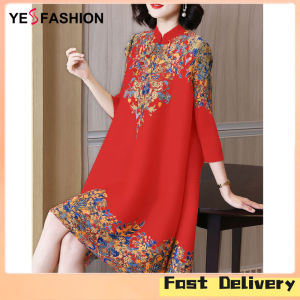Yesfashion cửa hàng trong stockwomen sườn xám cách tân ăn mặc in họa tiết xưa cũ khóa Váy Midi lỏng cỡ lỡn Phong cách Trung Quốc đứng cổ Áo Đầm