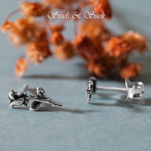 [Studs & Such] Vintage 925 Silver Mini Stalk Of Rose Stud Earrings