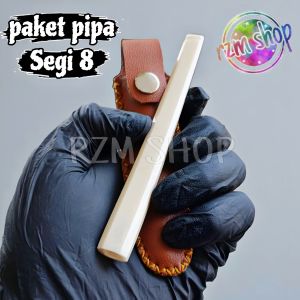 paket hemat once pipa cangklong tulang sapi ukir model motif segi 8 GG plus Sarung Kulit Sintetis