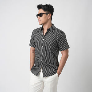VENGOZ Kemeja Pria Slim Fit - Hugo Stripe Shirt Black SS
