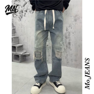 กางเกงยีนส์ MoJEANS เอวสม็อค แต่งขาดเข่า เฟดสีสนิม ทรงกระบอกกลาง สไตล์วินเทจ #MO8016-531 พร้อมส่ง มีเก็บเงินปลายทาง