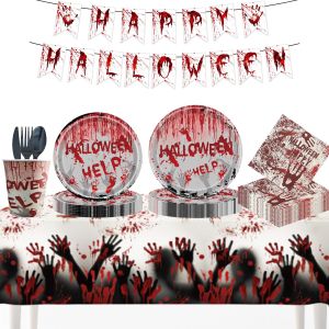 ฮาโลวีนสยองขวัญบรรยากาศธีมพรรคตกแต่งเลือดระทึกขวัญพิมพ์มือกระดาษแผ่นกระดาษผ้าขนหนูทิ้งพรรคบนโต๊ะอาหาร