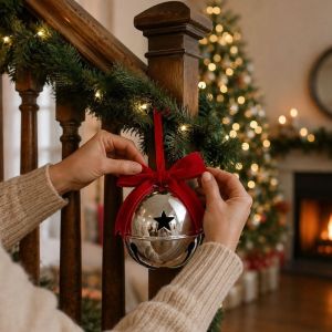 PARKOUR Iron Christmas Bell Pendant Jingle Bells Velvet Bow Xmas Tree Hanging Bells Shiny Vintage Christmas Scene Pendant Christmas Tree