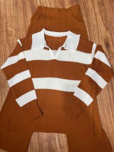 ONE SET RAJUT STRIPE KERAH PANJANG TEBAL / setrajut /  one set rajut kekinia / one set rajut polet