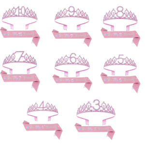 Birthday Girls Kit Pink Tiaras Adjustable Sash Party Hair Ornaments Stand Out at Birthday Parties