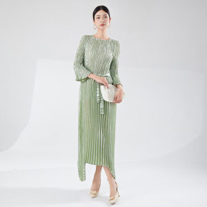 Miyake Dress Simple High Sense Loose Lace-up Irregular Gilding Temperament Elegant Dress #24517zsj-Z4012