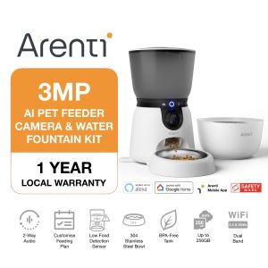 ARENTI Pet Feeder 2 Kit for Cats and Dogs | Wired Plug-In Version | Camera Feeder and Water Fountain | 2K UHD 3MP | Pet Surveillance Camera