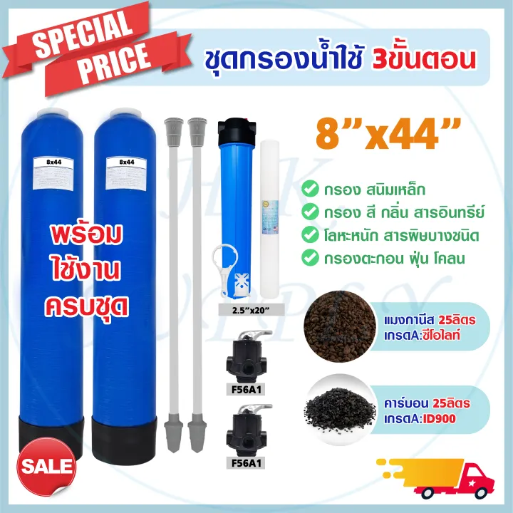 Aquatek ถังกรองน้ำ 3 ขั้นตอน 8x44 นิ้ว พร้อม Housing PP สำหรับน้ำใช้