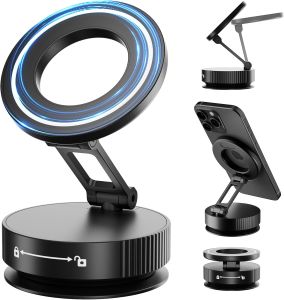 Vacuum magnetic phone holder suitable for MagSafe foldable metal suction cup phone holder 360 ° rotatable phone holder suitable for all smartphones and all vehicle models