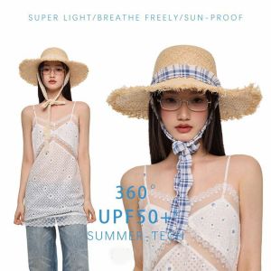 AZDH ป้องกันรังสียูวี หมวกฟาง Lafite ริบบิ้นสำหรับเด็ก ลูกไม้ขึ้น หมวกสานฟาง แฟชั่นสำหรับผู้หญิง หมวกกันแดดหมวก หมวกบังแดดกลางแจ้ง ผู้หญิง/ผู้หญิง