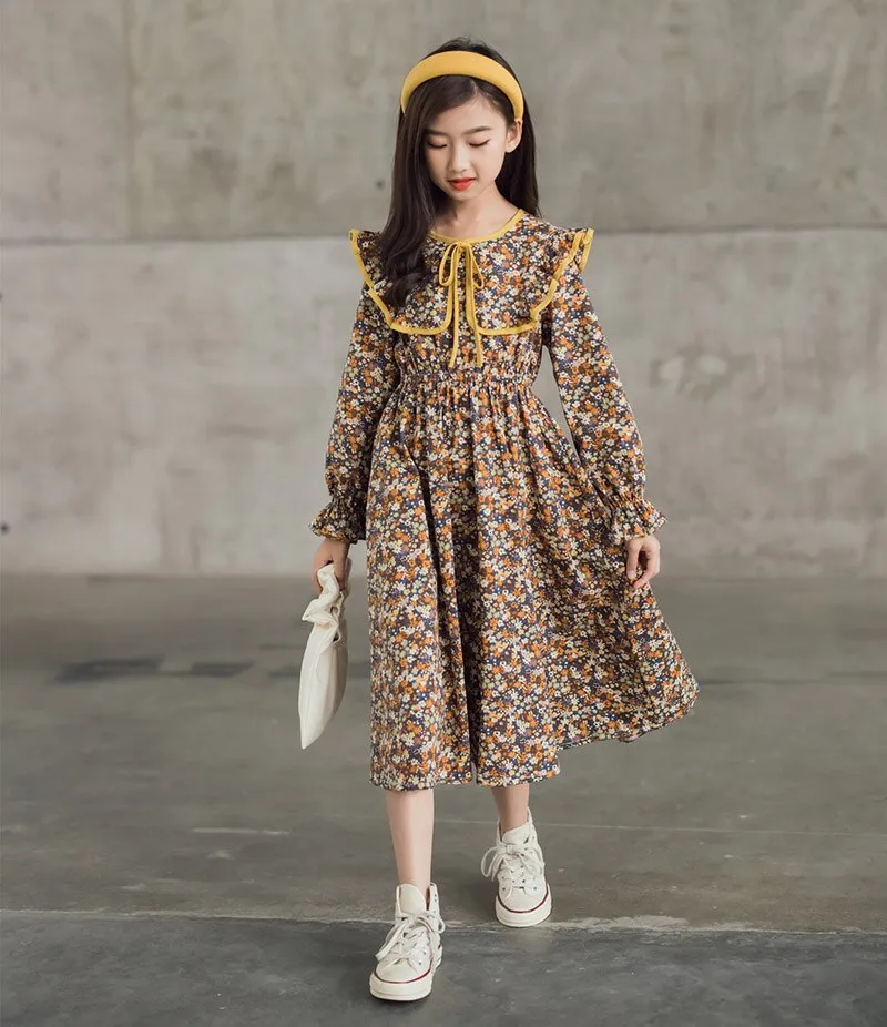 Floral Printed Long Sleeve Girls Dress Spring Autumn Cotton Midi