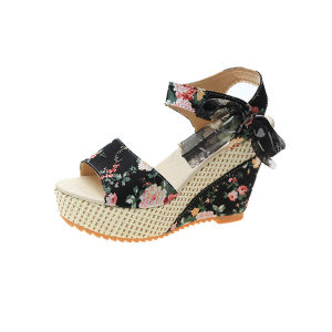 [Free Shipping] Thick-Soled Black Fish-Mouth WomenS Sandals High-Heeled Floral Ribbon Beach Shoes Bohemian Wedge Heels Blue Platform Heels