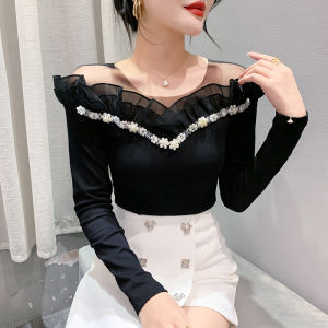 Yimei Áo thun một hàng Dài Tay Cổ Áo Cotton Viền tai lưới mới mùa thu 2023 thiết kế hàng đầu với một cảm giác của áo sơ mi đính hạt móng tay