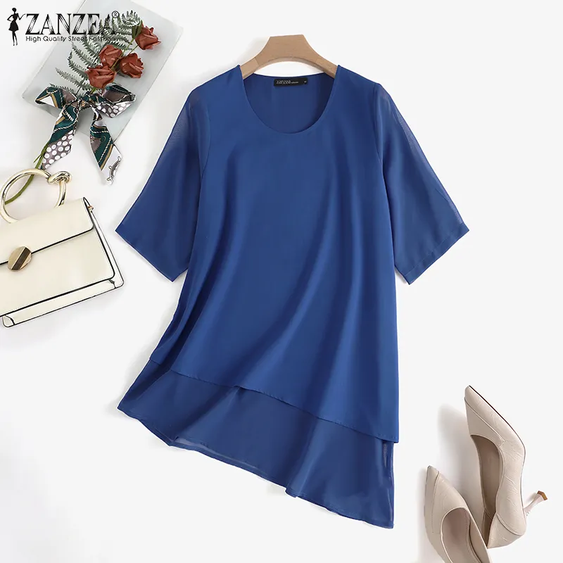 ZANZEA Women's Long Sleeve Double Layer Shirt Tops Asymmetrical