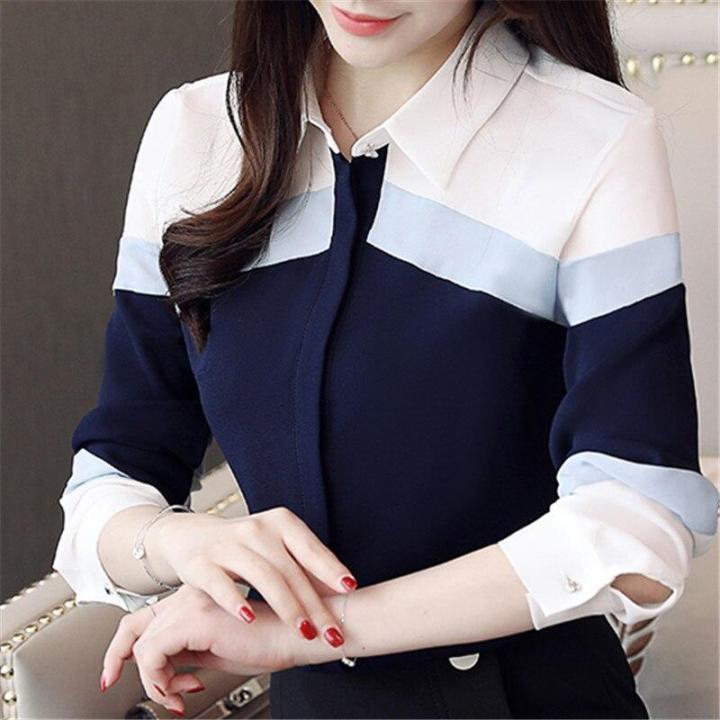 Luxqlo New Spring Women Tops And Blouses Long Sleeve Turn Down Neck Office  Ladies Patchwork Button Shirts Casual Clothing