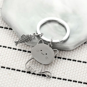 LYM Funny Cartoon Cat Fish Keychain Couple Lovers Stainless Steel Keyring Lovely Pendant Key Chain Valentines Day Gift Jewelry