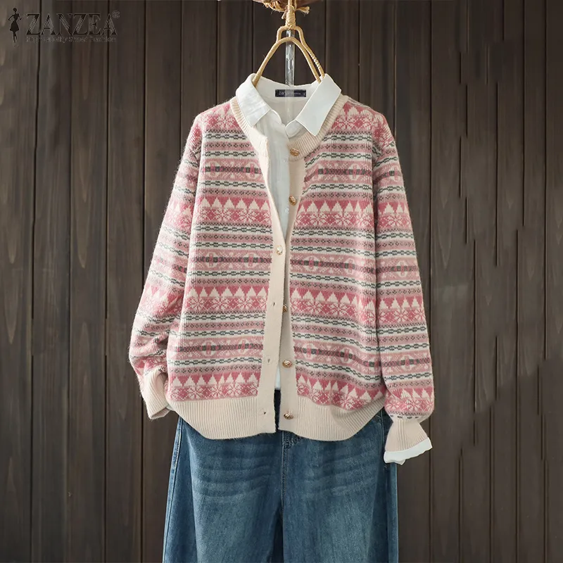 ZANZEA Womens Ladylike Ethnic Style Totem Printing Cardigans Full