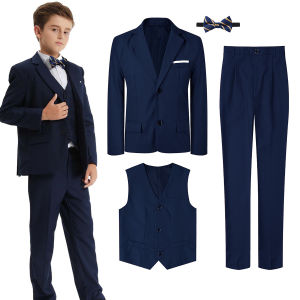 Formal Attire for Kids Boys Tuxedo Suit 6-16 Years Children Black Wedding Ring Bearer Outfit School Uniform Teens Birthday Party Photography Clothes Black Church Dress Navy Blue Pageant Performance