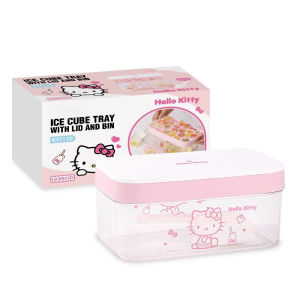 FORNICALMORE Khay làm đá silicon hình Hello Kitty đi kèm nắp đậy và muỗng múc khuôn ép đá an toàn thực phẩm thiết kế hoạt hình dễ thương cho gia đình